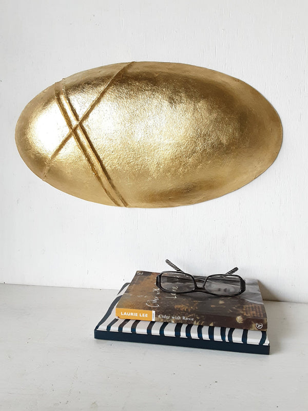 Gold minimalist wall art, gilt oval sculpture, Modernist luxe style decor