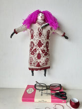 Pink haired female doll, with crimson pattern on beige embroidered linen body, ceramic body parts, boudoir decor