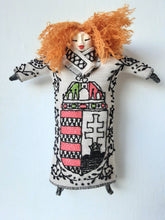 Red haired doll with Hungarian embroidered St Stephen's crest on beige linen body and ceramic parts, bedroom decor