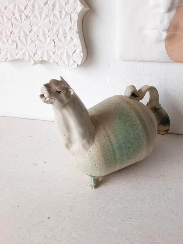 Puma cat sculpture, ceramic Amlash style sculptural vessel, Persian decor