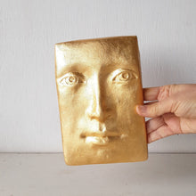 Gold tile face wall sculpture, Buddha style art lover gift