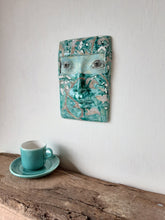 Turquoise green and gray pottery wall face, boho ceramic sculpture of female head