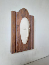 White ceramic face on timber wall mount, mixed media wall sculpture, gift for art lover