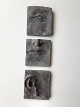 Black wall art triptych, handmade ceramic classic sculpture of face in three parts, hear no see no speak no evil