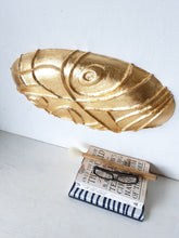 Gold ceramic wall sculpture carved into oval shape, Modernist luxe gilt wall decor