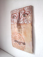 Wall sculpture of human face, ceramic art mask, rustic bedroom decor, enigma artwork from Louise Fulton Studio