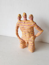 Male nude statue with three heads and striped body, naked ceramic man, boho bedroom decor