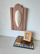 White ceramic face on timber wall mount, mixed media wall sculpture, gift for art lover