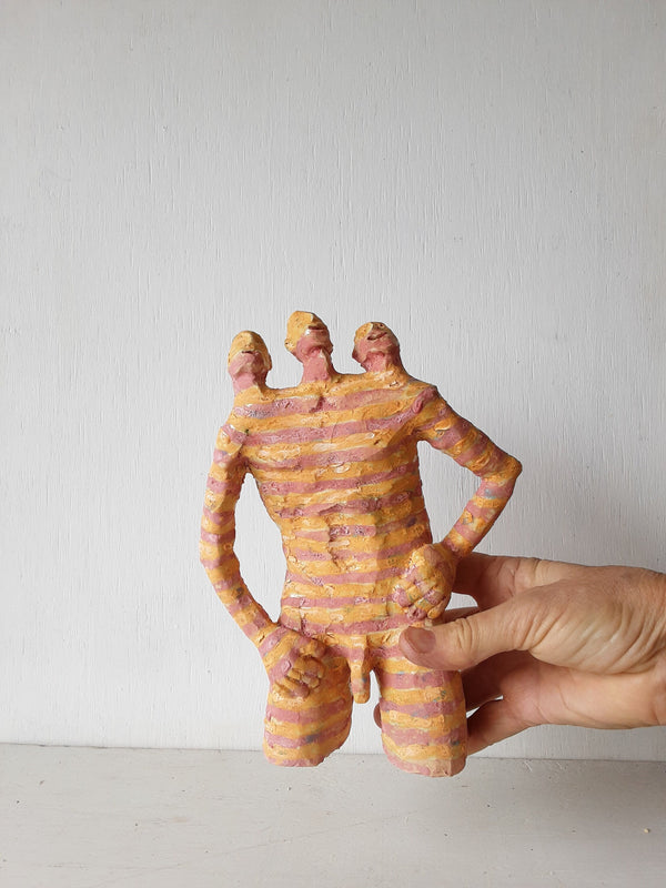 Male nude statue with three heads and striped body, naked ceramic man, boho bedroom decor