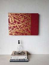 William Morris style gold and crimson painting with rose vine on textured background, Arts and Crafts wall decor