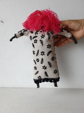 Pink haired female doll, with black on beige embroidered linen body, ceramic head, arms and legs, boudoir decor