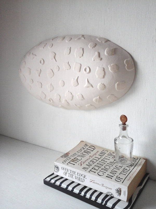 Minimalist wall sculpture, modern white ceramic oval design, Arctic Scandi style art gift