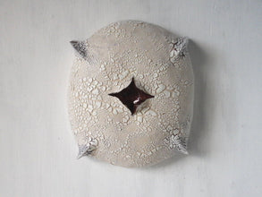 White pod wall sculpture with red split and crackle surface, pottery coastal decor, art lover gift