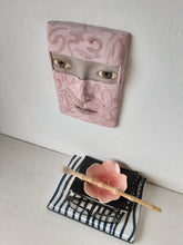 Pottery female wall art mask in pink and beige ceramic, sculptural head plaque boho decor handmade