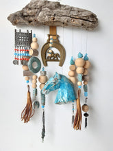 Turquoise blue horse mobile hanging sculpture with driftwood and ceramic elements, country style horse lover gift