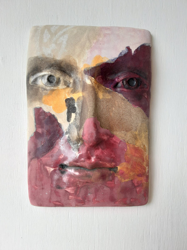 Pink purple and orange abstract ceramic wall sculpture face, 3D modern art work