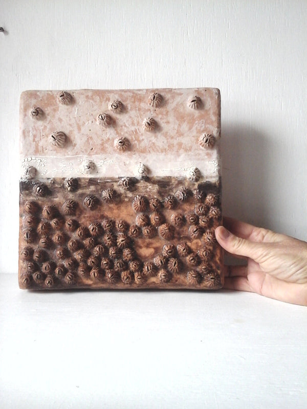 Rustic wall art, square ceramic barnacle sculpture in earthy colors, nautical decor gift for sailor by Louise Fulton