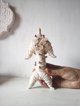 Mummy sculpture wrapped in string and handmade beads, ceramic fetish doll, tribal decor