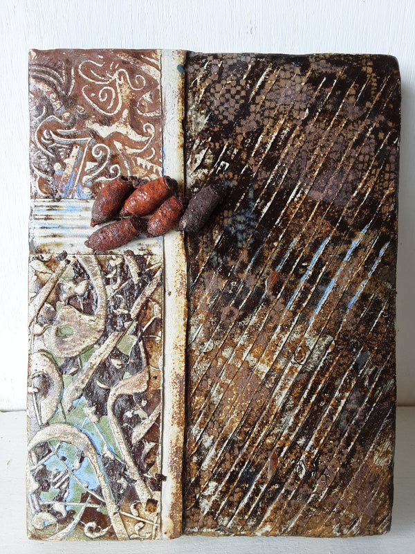 Rustic wall art, brown ceramic wall sculpture with embossed pattern, handmade art tile