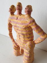 Male nude statue with three heads and striped body, naked ceramic man, boho bedroom decor