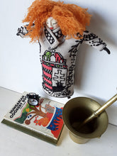 Red haired doll with Hungarian embroidered St Stephen's crest on beige linen body and ceramic parts, bedroom decor