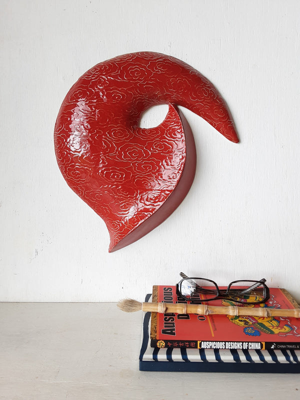 Red ceramic wall sculpture with embossed Chinese cloud design, auspicious dragon fang art, lucky Asian gift