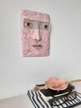 Pottery female wall art mask in pink and beige ceramic, sculptural head plaque boho decor handmade