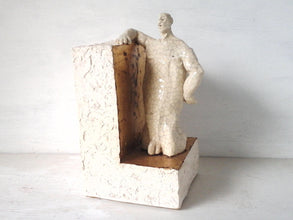 Nude male ceramic sculpture with bookend plinth, naked man in antique white crackle glaze, gay gift