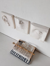 White wall art triptych, handmade ceramic classic sculpture of face in three parts, hear no see no speak no evil