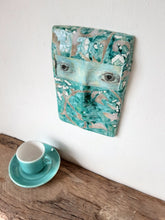 Turquoise green and gray pottery wall face, boho ceramic sculpture of female head