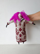 Pink haired female doll, with crimson pattern on beige embroidered linen body, ceramic body parts, boudoir decor