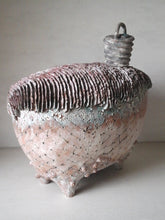 Ceramic sculpture in blue white gray with fish net, barnacles and coral, beach decor