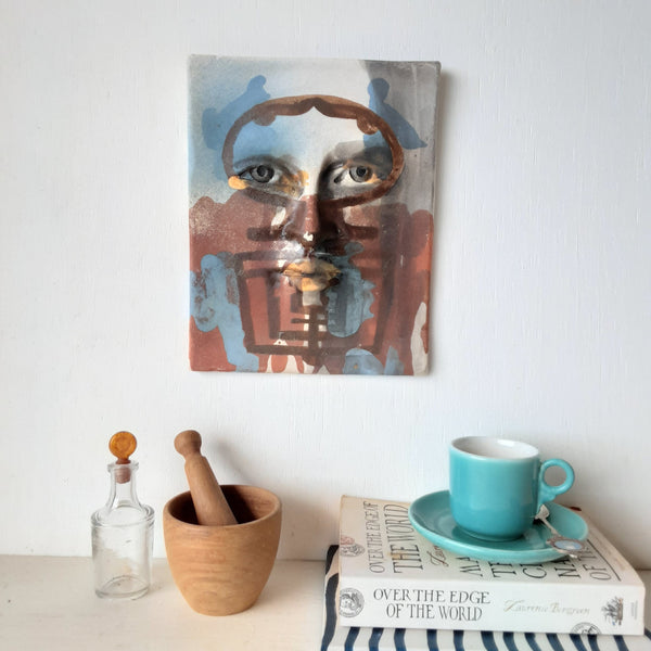 Blue and brown ceramic art face with old key design, art lover gift, female head decor