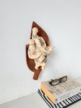 Ceramic lovers figurines in timber bowl, wall art for bedroom, boho decor