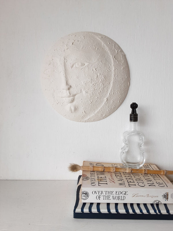 White ceramic moon sculpture for nursery wall, new baby bedroom art gift