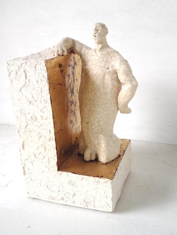 Nude male ceramic sculpture with bookend plinth, naked man in antique white crackle glaze, gay gift