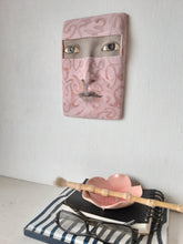 Pottery female wall art mask in pink and beige ceramic, sculptural head plaque boho decor handmade