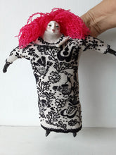 Pink haired female doll, with black on beige embroidered linen body, ceramic head, arms and legs, boudoir decor