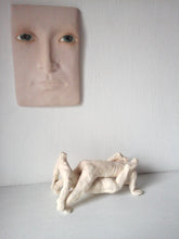 Naked male wrestlers sculpture in pale polished terracotta, nude pair of gymnastic men