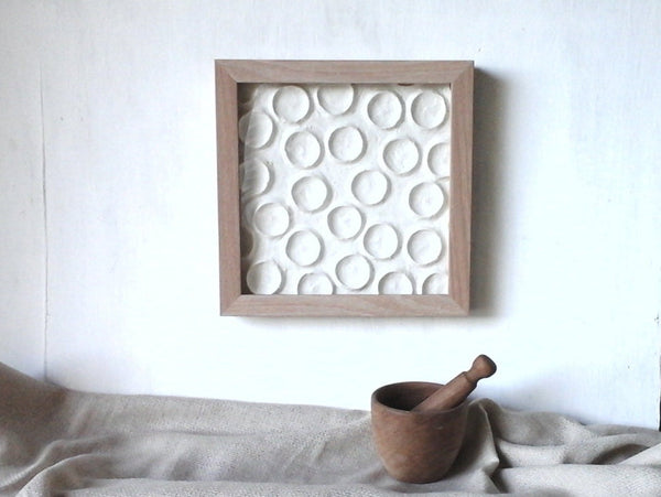 White moon sculpture wall art, framed minimalist ceramic lunar landscape, white bedroom decor