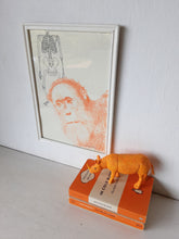 Original drawing of orange bonobo ape and Neanderthal skeleton on paper, mixed media art