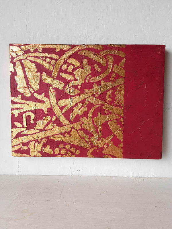 William Morris style gold and crimson painting with rose vine on textured background, Arts and Crafts wall decor