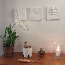 Large white art triptych, ceramic classic sculpture of face in three parts, hear no see no speak no evil