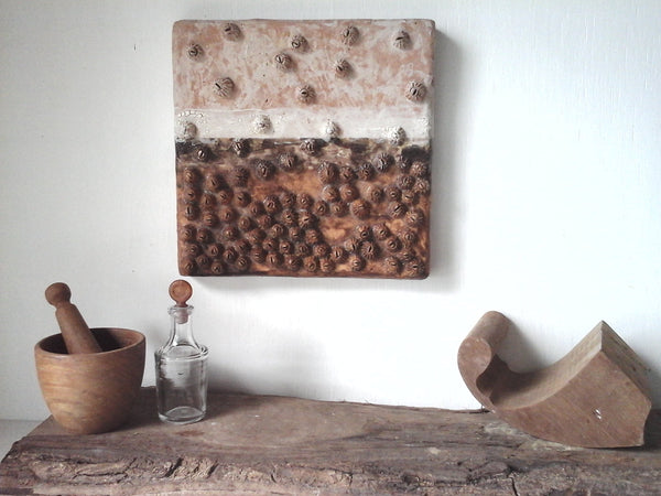 Rustic wall art, square ceramic barnacle sculpture in earthy colors, nautical decor gift for sailor by Louise Fulton