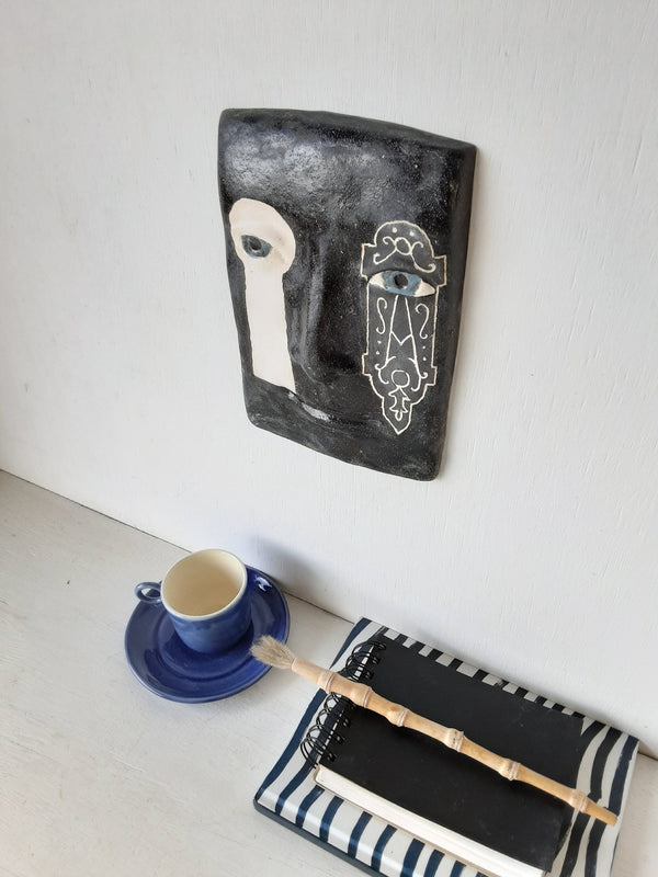 Black and white wall plaque with Parisian style keyhole feature, Modernist art lover gift