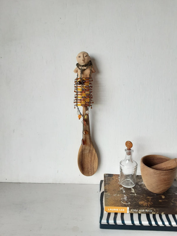 Pottery & hardwood spoon, ceramic figure handle, hand modelled foodie gift wall sculpture