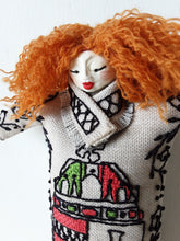 Red haired doll with Hungarian embroidered St Stephen's crest on beige linen body and ceramic parts, bedroom decor