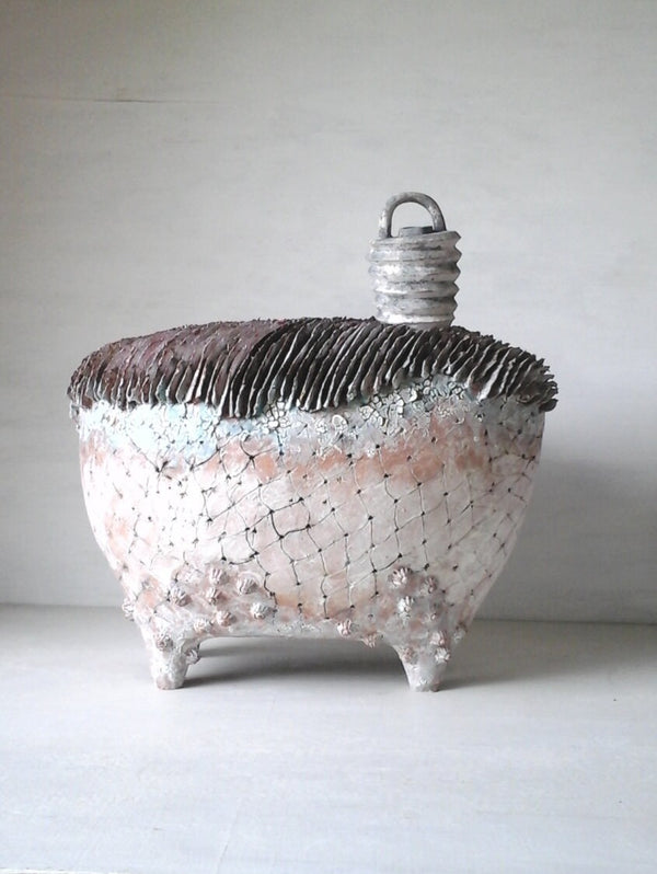 Ceramic sculpture in blue white gray with fish net, barnacles and coral, beach decor