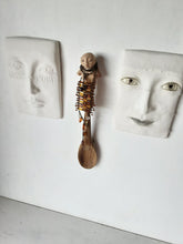 Pottery & hardwood spoon, ceramic figure handle, hand modelled foodie gift wall sculpture