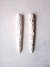 Retro wall vase pair, white hanging planters, embossed white ceramic taper vessels, mid-century modern look